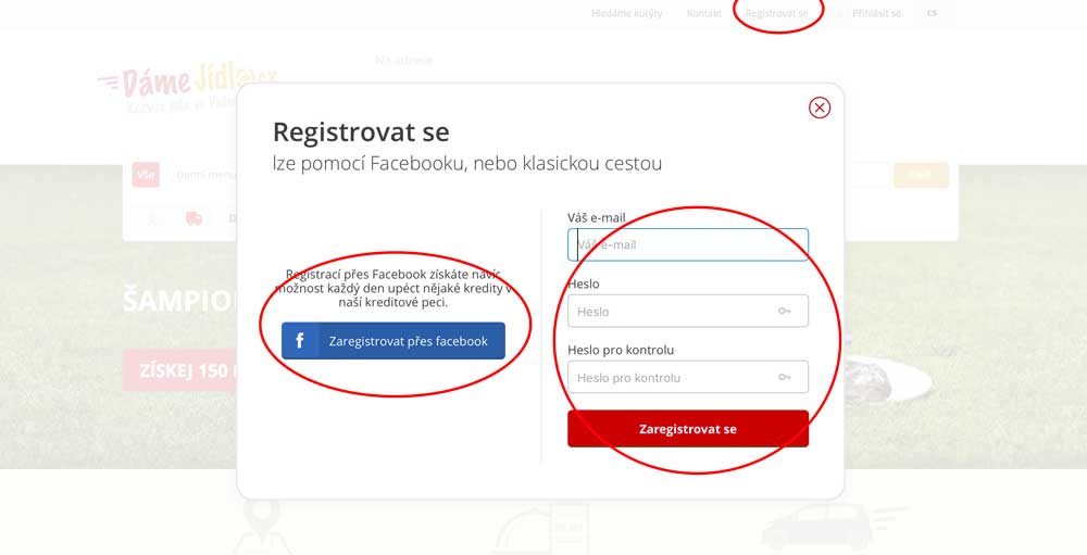 levná jídla - registrace